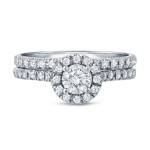 Gold 1ct TDW Round Diamond Halo Bridal Ring Set - Handcrafted By Name My Rings™