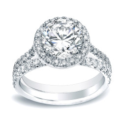 Gold 1ct TDW Round Diamond Halo Engagement Wedding Ring Set - Handcrafted By Name My Rings™