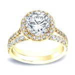 Gold 1ct TDW Round Diamond Halo Engagement Wedding Ring Set - Handcrafted By Name My Rings™
