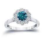 Gold 1ct TDW Round-cut Blue Diamond Halo Engagement Ring - Handcrafted By Name My Rings™