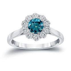 Gold 1ct TDW Round-cut Blue Diamond Halo Engagement Ring - Handcrafted By Name My Rings™