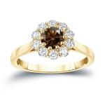 Gold 1ct TDW Round-cut Brown Diamond Halo Engagement Ring - Handcrafted By Name My Rings™