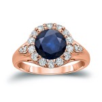 Gold 2 1/2ct Blue Sapphire and 7/8ct TDW Diamond Halo Engagement Ring - Handcrafted By Name My Rings™