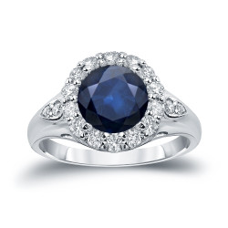 Gold 2 1/2ct Blue Sapphire and 7/8ct TDW Diamond Halo Engagement Ring - Handcrafted By Name My Rings™