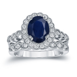 Gold 2 1/2ct Oval Cut Blue Sapphire and 3/5ct TDW Diamond Brial Ring Set - Handcrafted By Name My Rings™
