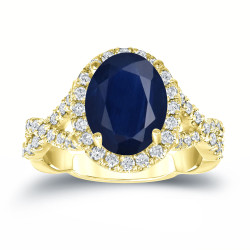 Gold 2 1/2ct Oval Cut Blue Sapphire and 3/5ct TDW Diamond Halo Engagement Ring - Handcrafted By Name My Rings™