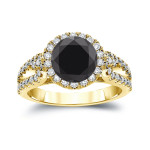 Gold 2 1/3ct TDW Round Cut Black Diamond Halo Engagement Ring - Handcrafted By Name My Rings™