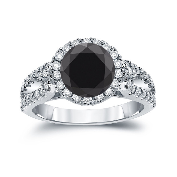 Gold 2 1/3ct TDW Round Cut Black Diamond Halo Engagement Ring - Handcrafted By Name My Rings™