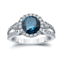 Gold 2 1/3ct TDW Round Cut Blue Diamond Halo Engagement Ring - Handcrafted By Name My Rings™