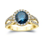 Gold 2 1/3ct TDW Round Cut Blue Diamond Halo Engagement Ring - Handcrafted By Name My Rings™