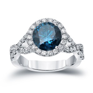 Gold 2 3/4ct TDW Round Cut Blue Diamond Halo Engagement Ring - Handcrafted By Name My Rings™