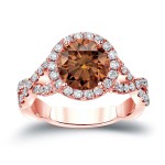 Gold 2 3/4ct TDW Round Cut Brown Diamond Halo Engagement Ring - Handcrafted By Name My Rings™