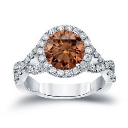 Gold 2 3/4ct TDW Round Cut Brown Diamond Halo Engagement Ring - Handcrafted By Name My Rings™