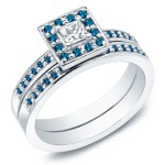 Gold 2/3ct TDW Princess Blue and White Diamond Bridal Ring Set - Handcrafted By Name My Rings™
