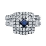 Gold 2/5ct Blue Sapphire and 1 1/5ct TDW Diamond Cluster Bridal Ring Set - Handcrafted By Name My Rings™