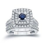 Gold 2/5ct Blue Sapphire and 1 1/5ct TDW Diamond Cluster Bridal Ring Set - Handcrafted By Name My Rings™