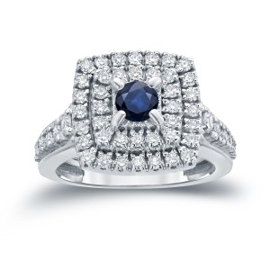 Gold 2/5ct Blue Sapphire and 1ct TDW Diamond Cluster Engagement Ring - Handcrafted By Name My Rings™