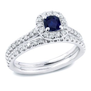 Gold 2/5ct Blue Sapphire and 3/5ct TDW Diamond Bridal Ring Set - Handcrafted By Name My Rings™