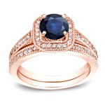 Gold 2/5ct Blue Sapphire and 3/5ct TDW Round Diamond Bridal Ring Set - Handcrafted By Name My Rings™