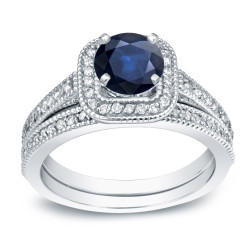 Gold 2/5ct Blue Sapphire and 3/5ct TDW Round Diamond Bridal Ring Set - Handcrafted By Name My Rings™