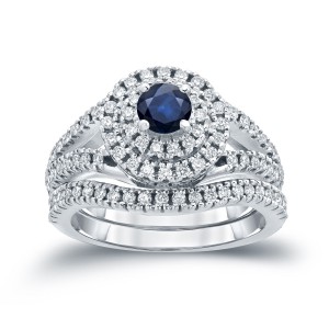 Gold 2/5ct Blue Sapphire and 4/5ct TDW Diamond Cluster Bridal Ring Set - Handcrafted By Name My Rings™