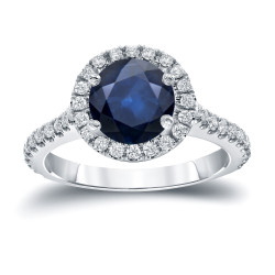 Gold 2ct Blue Sapphire and 2/5ct TDW Diamond Halo Engagement Ring - Handcrafted By Name My Rings™