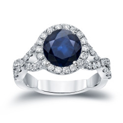 Gold 2ct Blue Sapphire and 3/4ct TDW Round Cut Diamond Halo Engagement Ring - Handcrafted By Name My Rings™