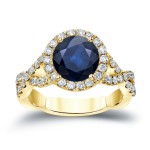 Gold 2ct Blue Sapphire and 3/4ct TDW Round Cut Diamond Halo Engagement Ring - Handcrafted By Name My Rings™