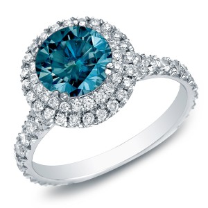 Gold 2ct TDW Blue Diamond Halo Cathedral Engagement Ring - Handcrafted By Name My Rings™