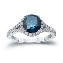 Gold 2ct TDW Round Cut Blue Diamond Halo Engagement Ring - Handcrafted By Name My Rings™