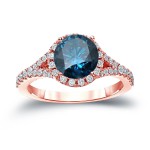 Gold 2ct TDW Round Cut Blue Diamond Halo Engagement Ring - Handcrafted By Name My Rings™