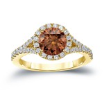 Gold 2ct TDW Round Cut Brown Diamond Halo Engagement Ring - Handcrafted By Name My Rings™