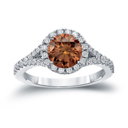 Gold 2ct TDW Round Cut Brown Diamond Halo Engagement Ring - Handcrafted By Name My Rings™