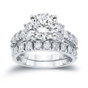 Gold 3 1/2ct TDW Certified Round Diamond Bridal Ring Set - Handcrafted By Name My Rings™