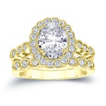 Gold 3 1/8ct TDW Certified Oval Diamond Halo Bridal Ring Set - Handcrafted By Name My Rings™
