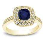 Gold 3/4ct Blue Sapphire and  3/4ct TDW Cushion Halo Engagement Ring - Handcrafted By Name My Rings™