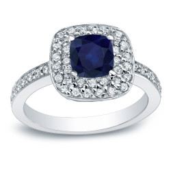 Gold 3/4ct Blue Sapphire and  3/4ct TDW Cushion Halo Engagement Ring - Handcrafted By Name My Rings™