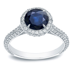 Gold 3/4ct Blue Sapphire and 1 1/4ct TDW Diamond Halo Ring - Handcrafted By Name My Rings™