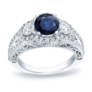 Gold 3/4ct Blue Sapphire and 1 1/4ct TDW Round Diamond Engagement Ring - Handcrafted By Name My Rings™