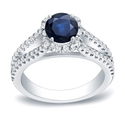 Gold 3/4ct Blue Sapphire and 1/2ct TDW Round Diamond Engagement Ring - Handcrafted By Name My Rings™