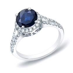 Gold 3/4ct Blue Sapphire and 1/2ct TDW Round Diamond Halo Engagement Ring - Handcrafted By Name My Rings™
