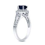 Gold 3/4ct Blue Sapphire and 1/2ct TDW Round Diamond Halo Engagement Ring - Handcrafted By Name My Rings™