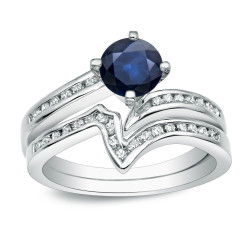 Gold 3/4ct Blue Sapphire and 1/4ct TDW Round Diamond Bridal Ring Set - Handcrafted By Name My Rings™