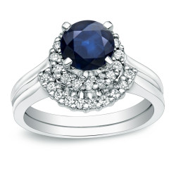 Gold 3/4ct Blue Sapphire and 1/4ct TDW Round Diamond Bridal Ring Set - Handcrafted By Name My Rings™
