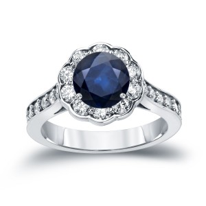 Gold 3/4ct Blue Sapphire and 1ct TDW Round Cut Diamond Halo Engagement Ring - Handcrafted By Name My Rings™
