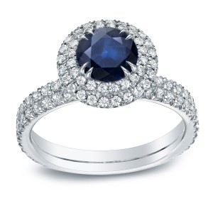 Gold 3/4ct Blue Sapphire and 1ct TDW Round Diamond Halo Engagement Ring - Handcrafted By Name My Rings™