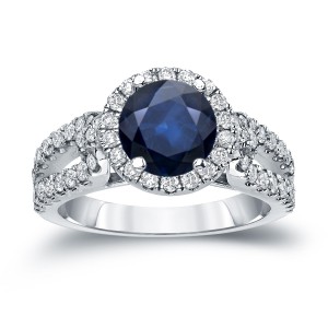 Gold 3/4ct Blue Sapphire and 3/4ct TDW Round Cut Diamond Halo Engagement Ring - Handcrafted By Name My Rings™