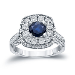 Gold 3/4ct Blue Sapphire and 3/4ct TDW Round Diamond Halo Engagement Ring - Handcrafted By Name My Rings™