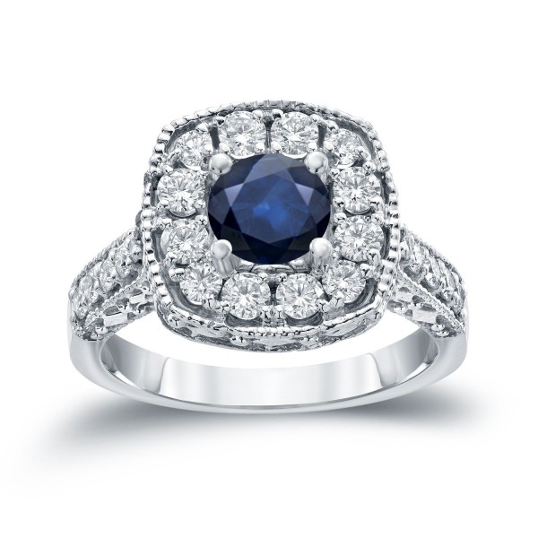 Gold 3/4ct Blue Sapphire and 3/4ct TDW Round Diamond Halo Engagement Ring - Handcrafted By Name My Rings™