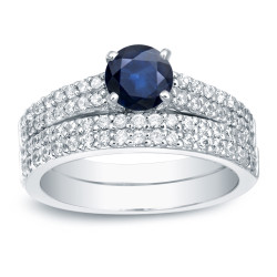 Gold 3/4ct Blue Sapphire and 3/4ct TDW Round Diamonds Bridal Ring Set - Handcrafted By Name My Rings™
